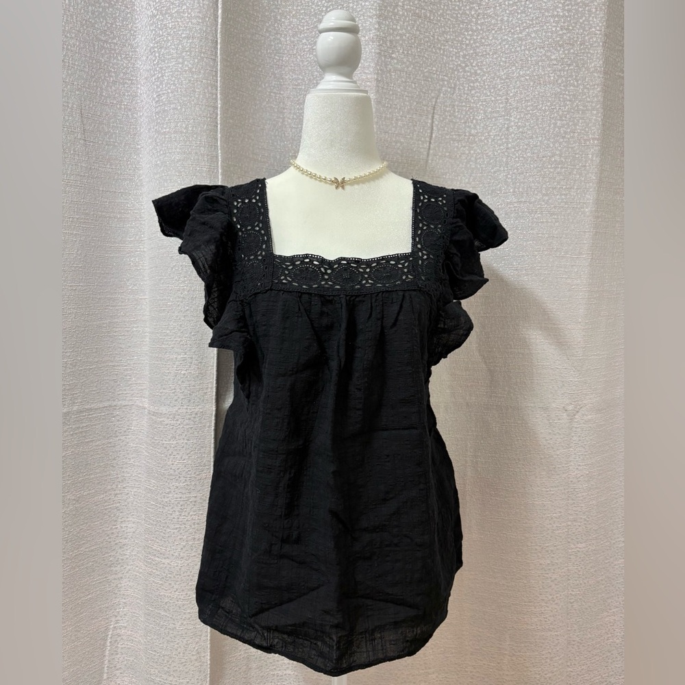 Max Studio Black Ruffle Sleeve Blouse Women’s S Boho Minimalist Hippie Festival